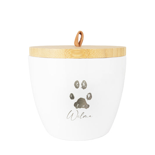 Urne en céramique "Mini Blanc avec l'empreinte de patte originale de ton animal"
