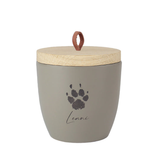 Urne en céramique pour animaux "Grey Beige avec l'empreinte de patte originale de ton animal"