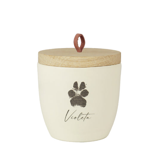Urne en céramique pour animaux "White Pearl avec l'empreinte de patte originale de ton animal"