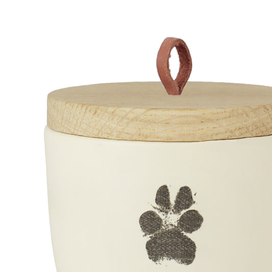 Urne en céramique pour animaux "White Pearl avec l'empreinte de patte originale de ton animal"
