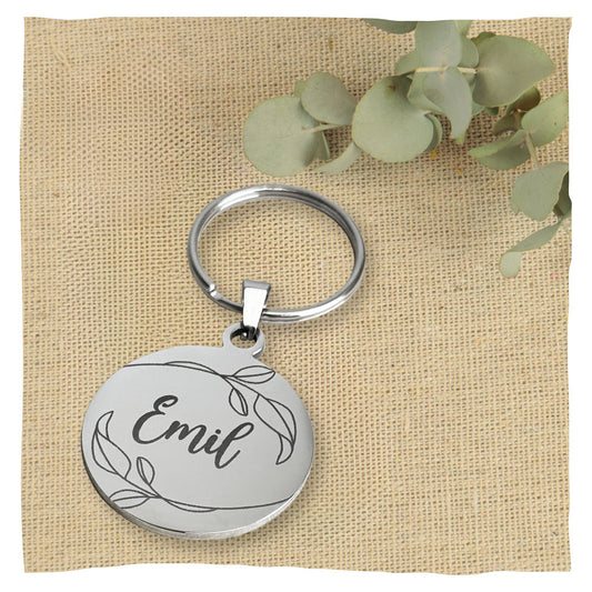 Porte-clés en acier inoxydable avec le nom de ton animal - avec des feuilles
