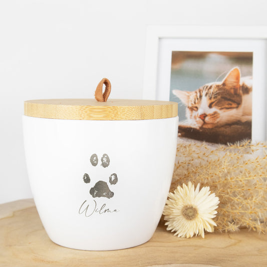 Urne en céramique "Mini Blanc avec l'empreinte de patte originale de ton animal"