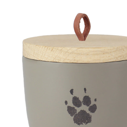 Urne en céramique pour animaux "Grey Beige avec l'empreinte de patte originale de ton animal"